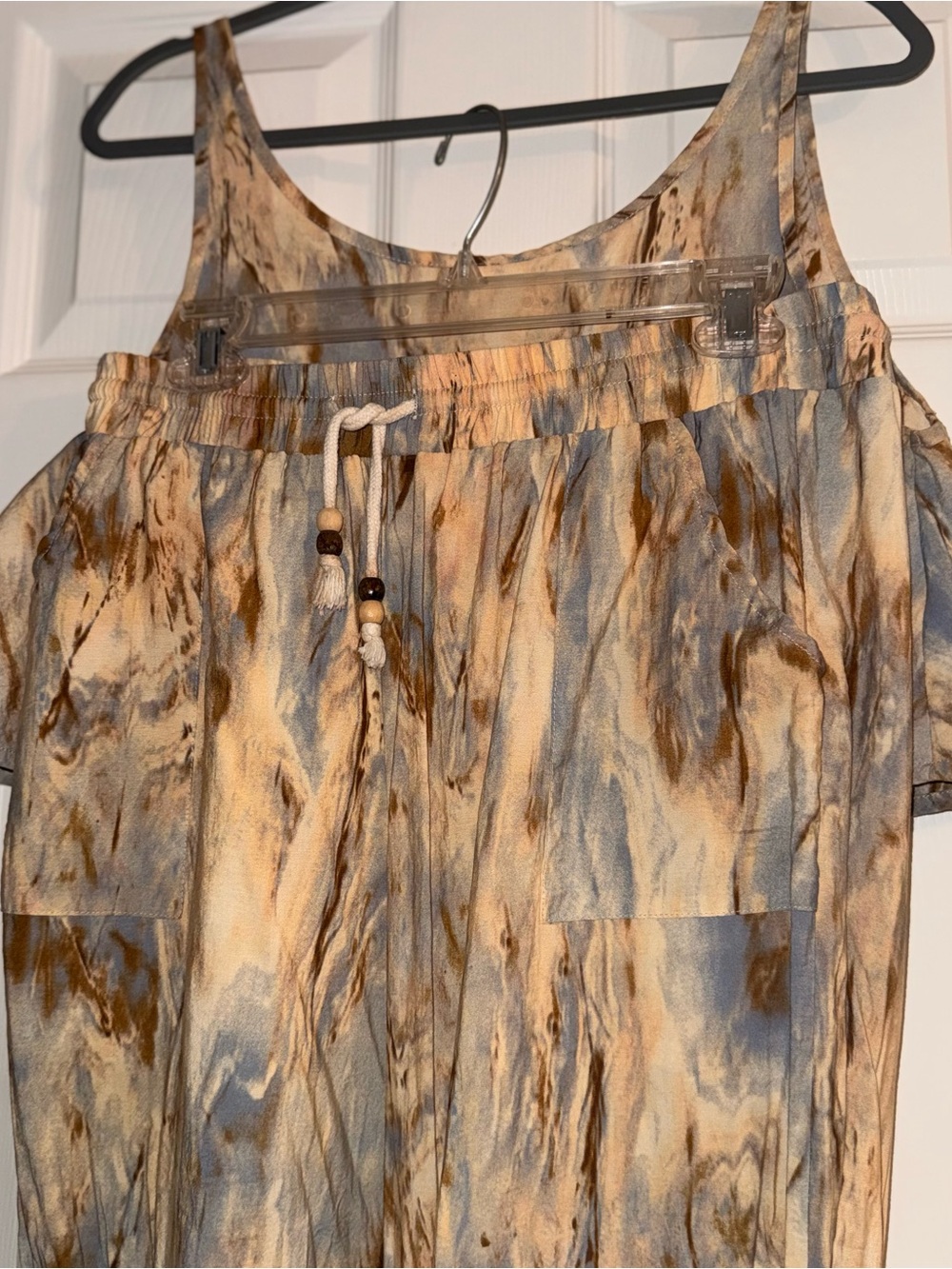 SHEIN Marble-Print Drawstring Jumpsuit in Blue & Tan
